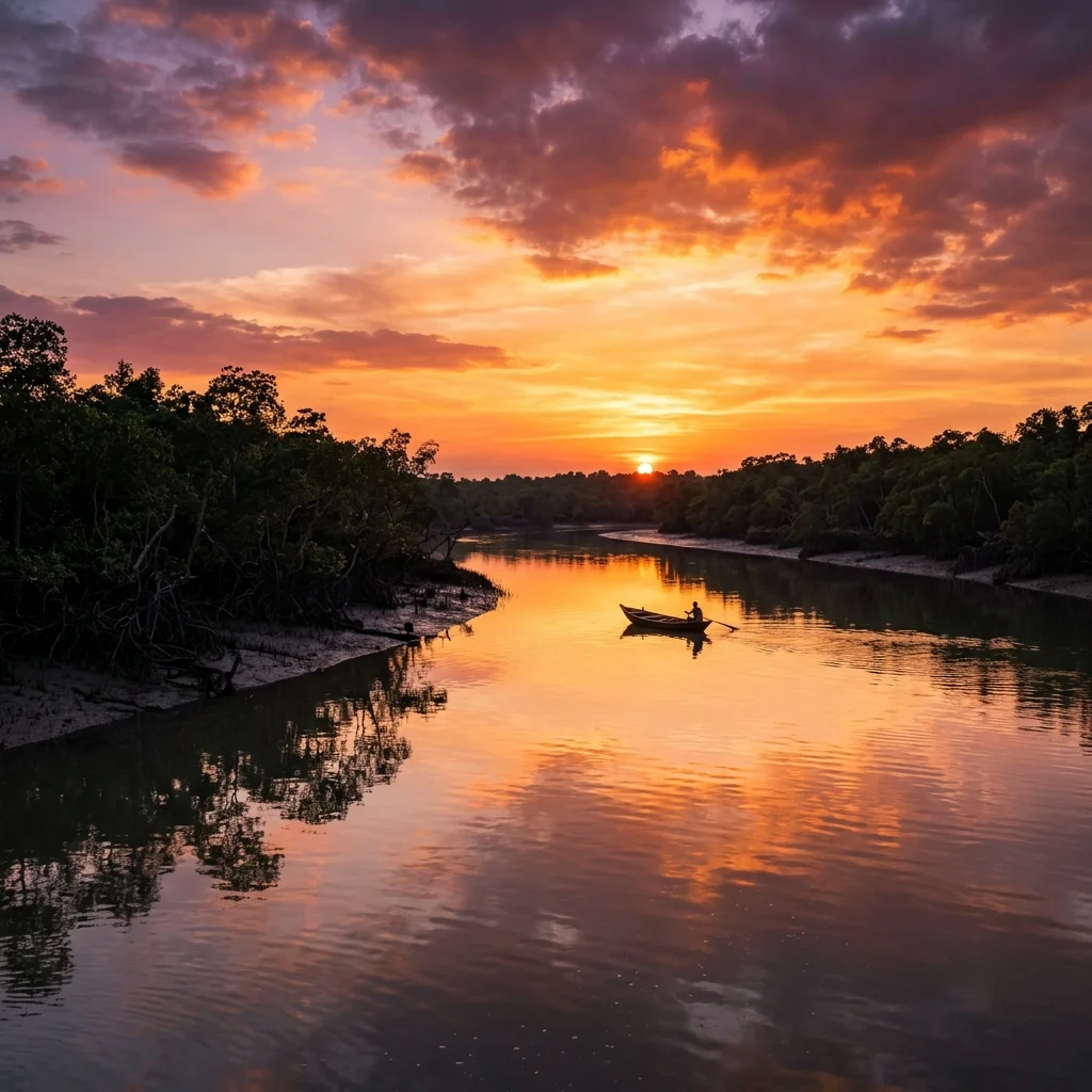 Sunset over Baitarani and Dhamara river confluence in Bhitarkanika